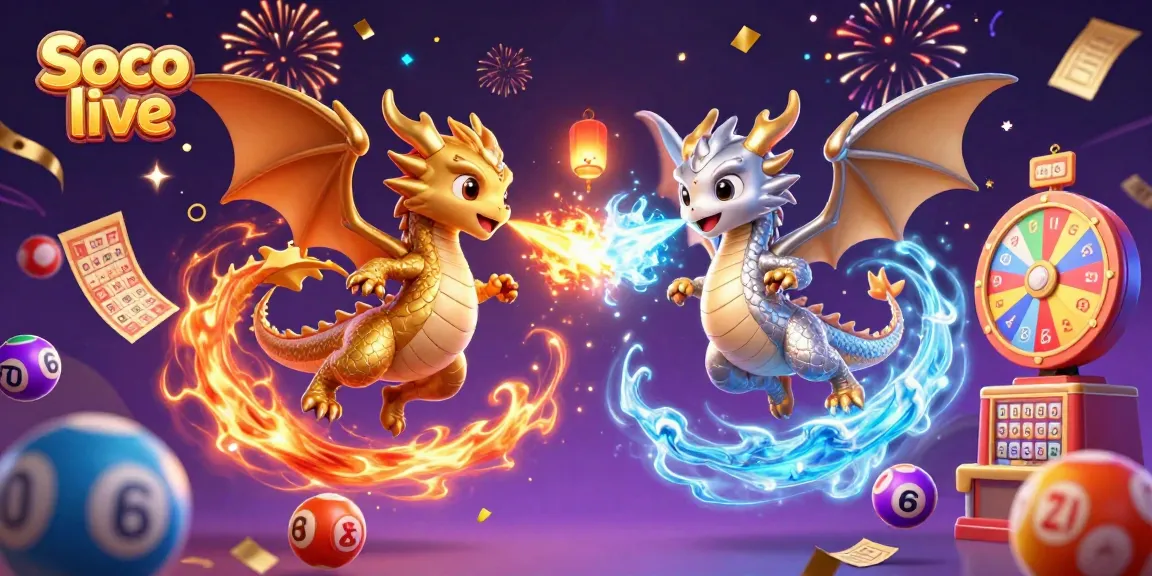 Soco live showcases a 3D illustration with gold and silver dragons amidst lottery balls and vibrant casino elements.