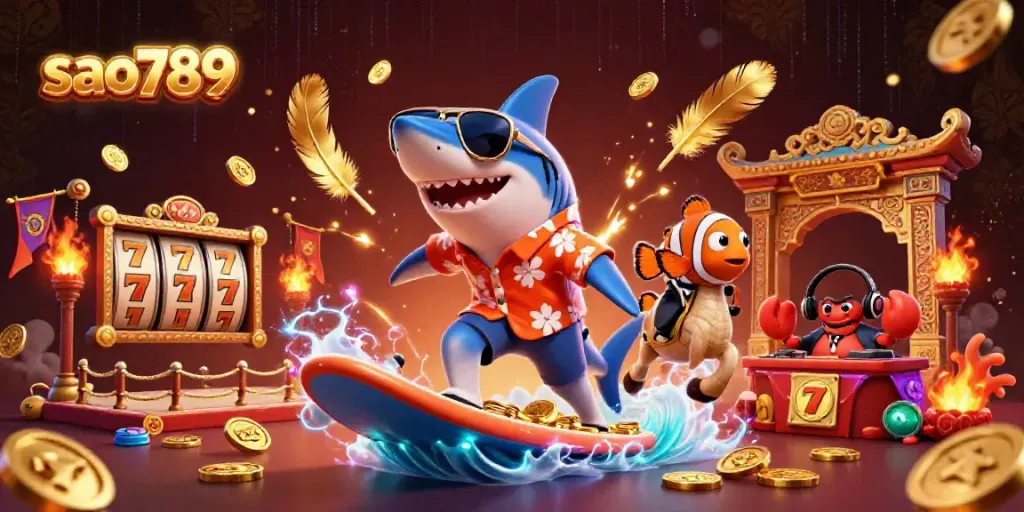 Experience thrilling wins at sao789 with a lively scene featuring a shark, clownfish, and crab DJ amidst casino elements.