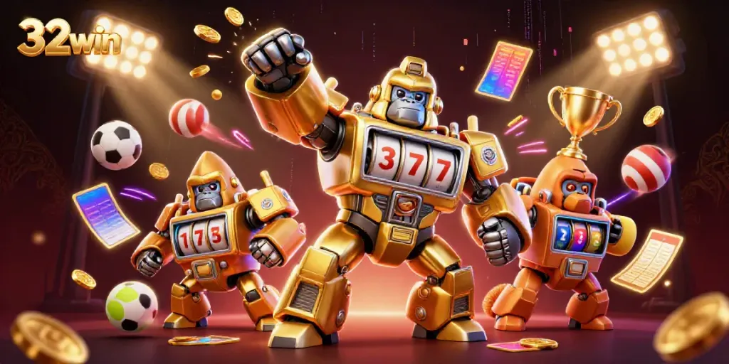 Engage with the dynamic world of 32win with a golden gorilla mech and sports elements.
