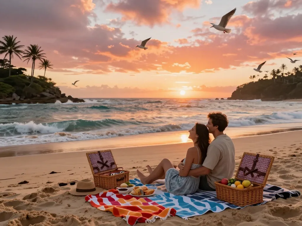 Couple enjoying sunset picnic on an Australian beach with vibrant colors.