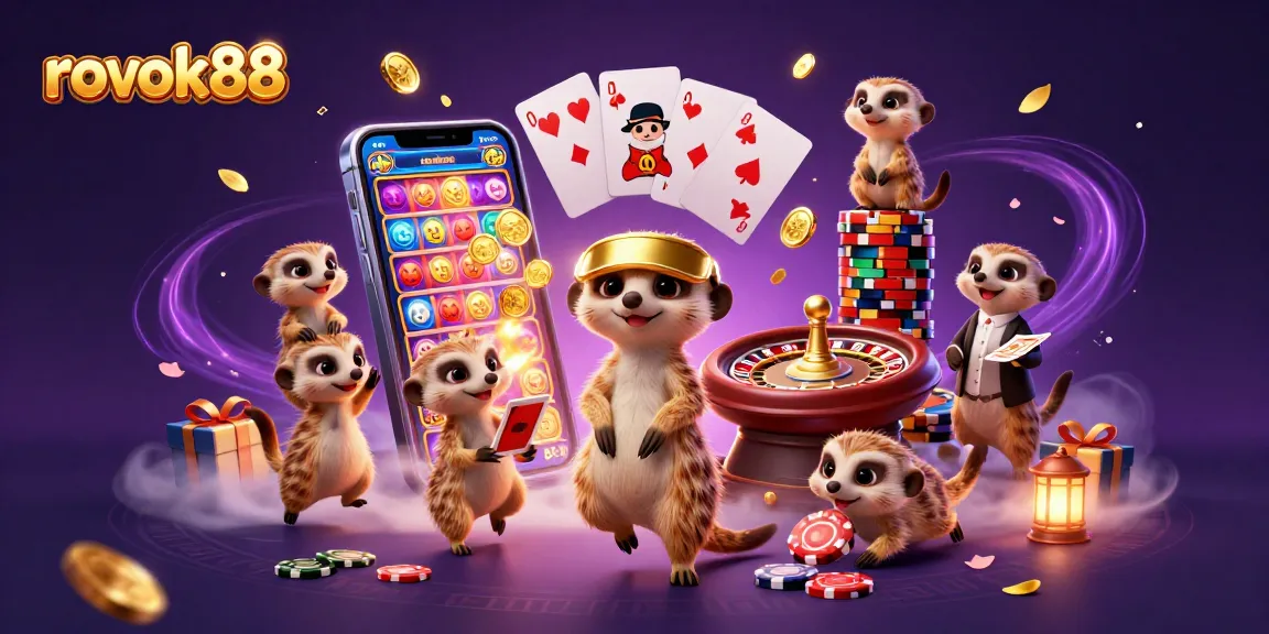 Experience exciting gameplay with rokok88 in this vibrant casino illustration featuring meerkats and slot machines.