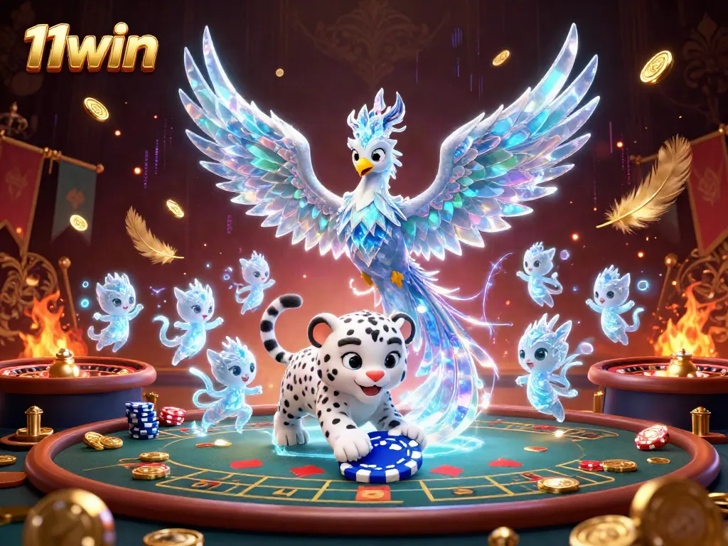 Experience engaging gameplay with 11win's lively casino scene featuring an ice phoenix and glowing sprites.