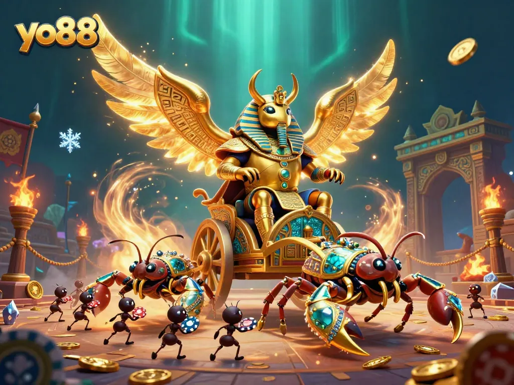 Experience the excitement of yo88 with a vibrant scene featuring a golden scarab beetle in a chariot amidst dynamic casino elements.