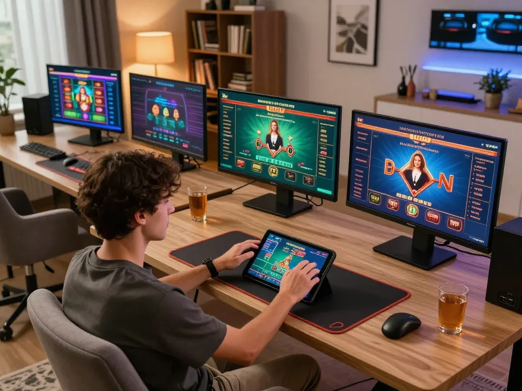 Player enjoying 98win online casino games on a tablet in a cozy home setup, promoting responsible gambling.