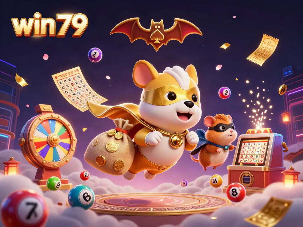 Experience the thrill of win 79 with a vibrant scene of a superhero dog and hamster amidst dynamic game elements.