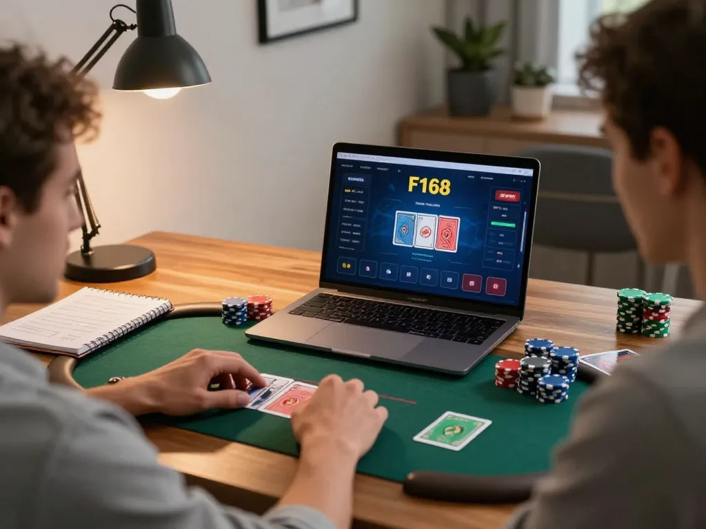 Player engaging in strategic online poker at F168 on laptop with betting notes at hand.