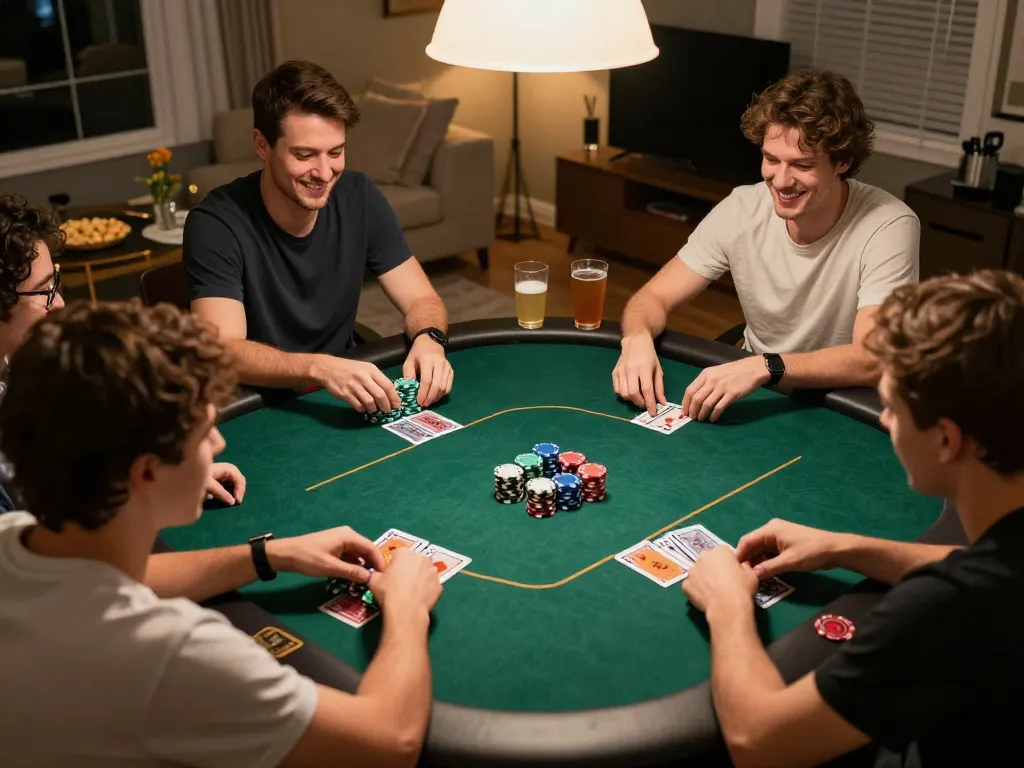 KJC Global poker night with friends, colorful chips and cards illustrating intense gaming strategies.