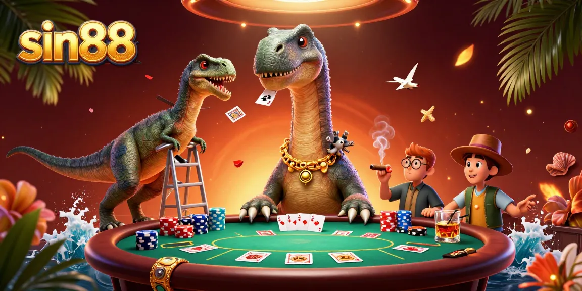 Experience sin88 with a vibrant 3D illustration of dinosaurs in a lively poker scene.