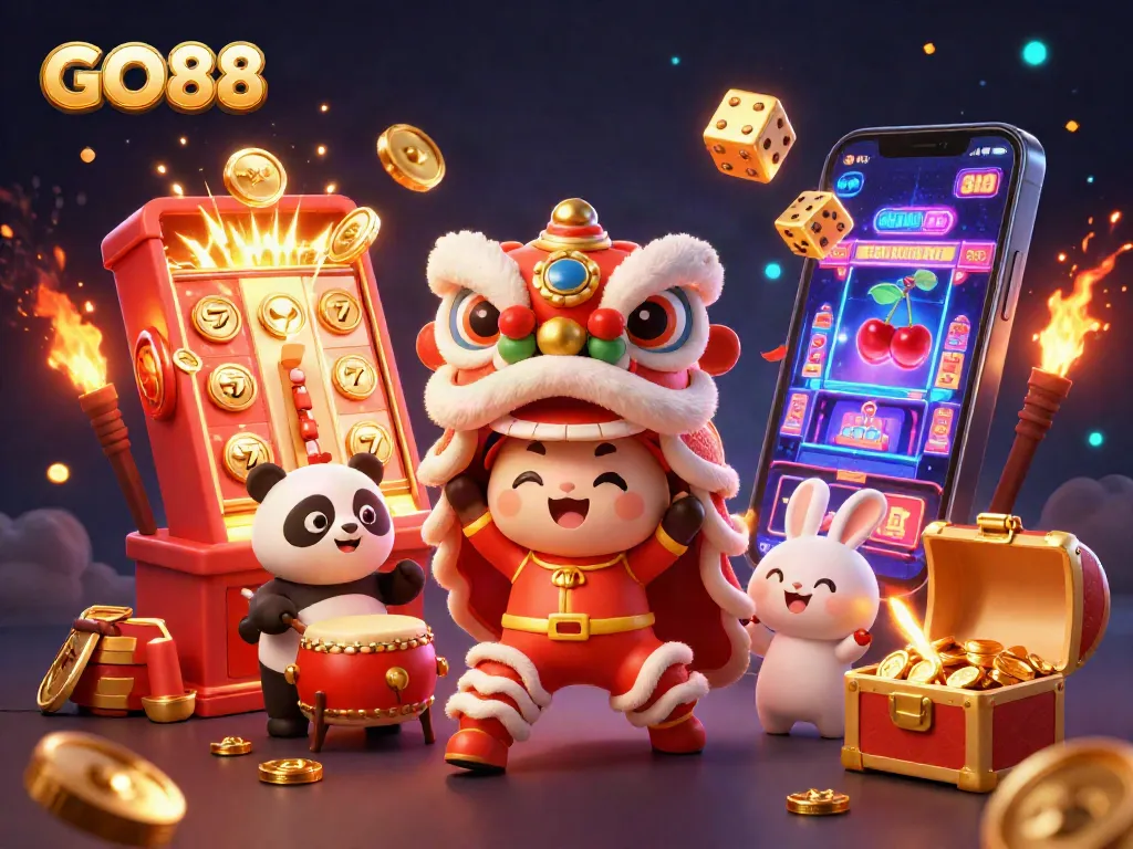 Experience the thrill of GO88 with vibrant characters, slot machines, and casino excitement.