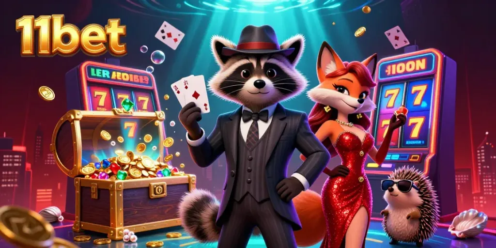 Experience thrilling moments with 11bet as a 3D raccoon in a casino scene surrounded by vibrant gaming elements.