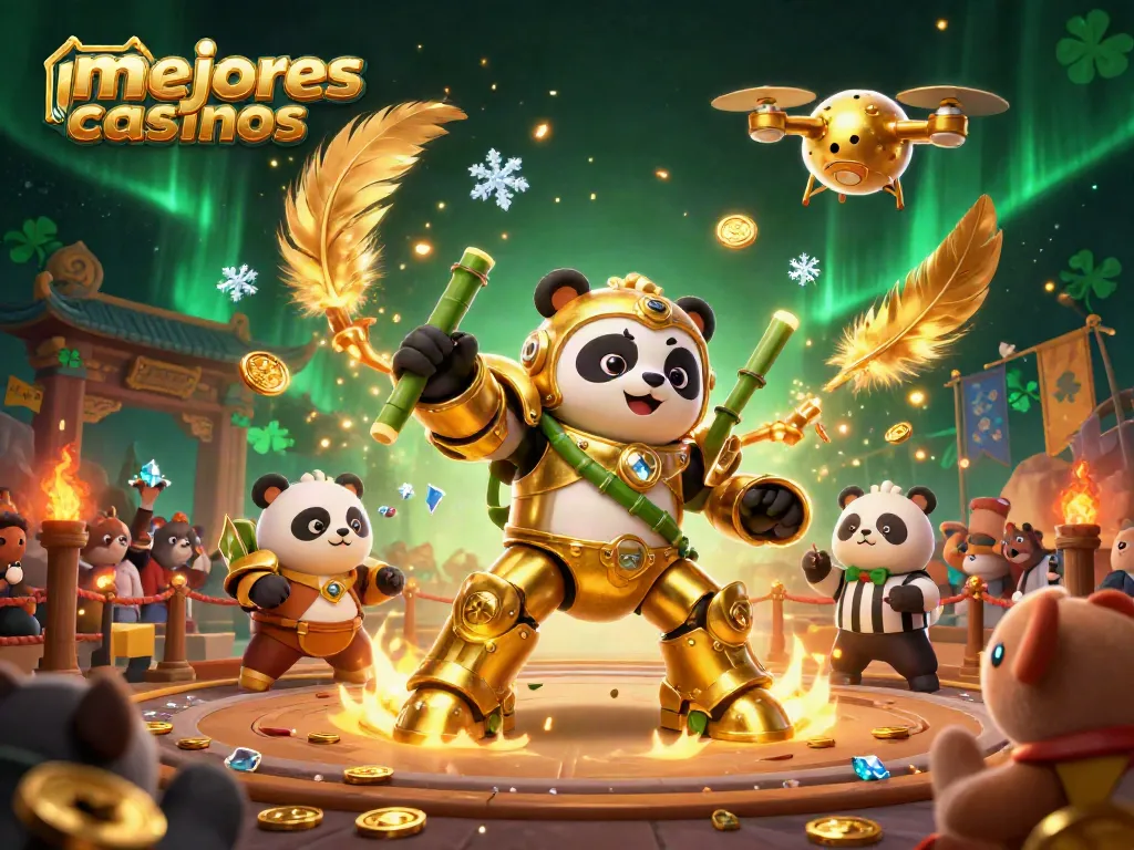 Los mejores casinos alegran el ambiente con un panda dorado en un robot de pelea y efectos de juego emocionantes.