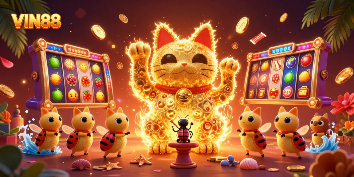 Experience thrilling moments with VIN88's lively lucky cat slot game, showcasing vibrant casino symbols.