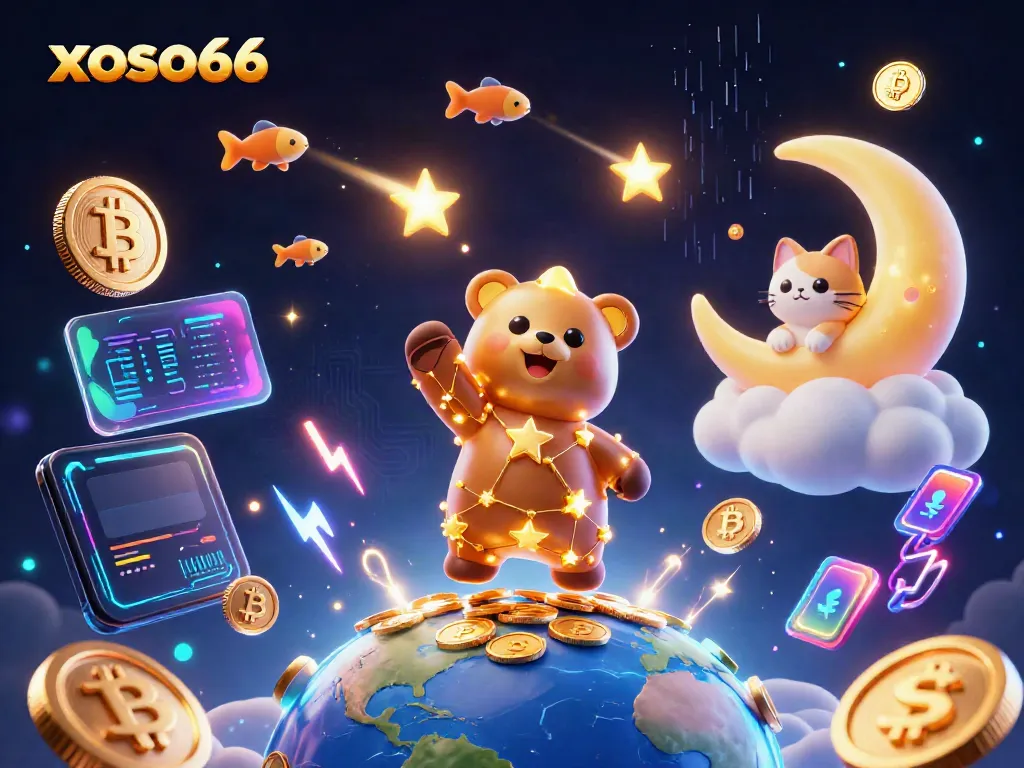 Experience the excitement of xoso66 with neon-lit treasures from the night sky in this dynamic casino illustration.