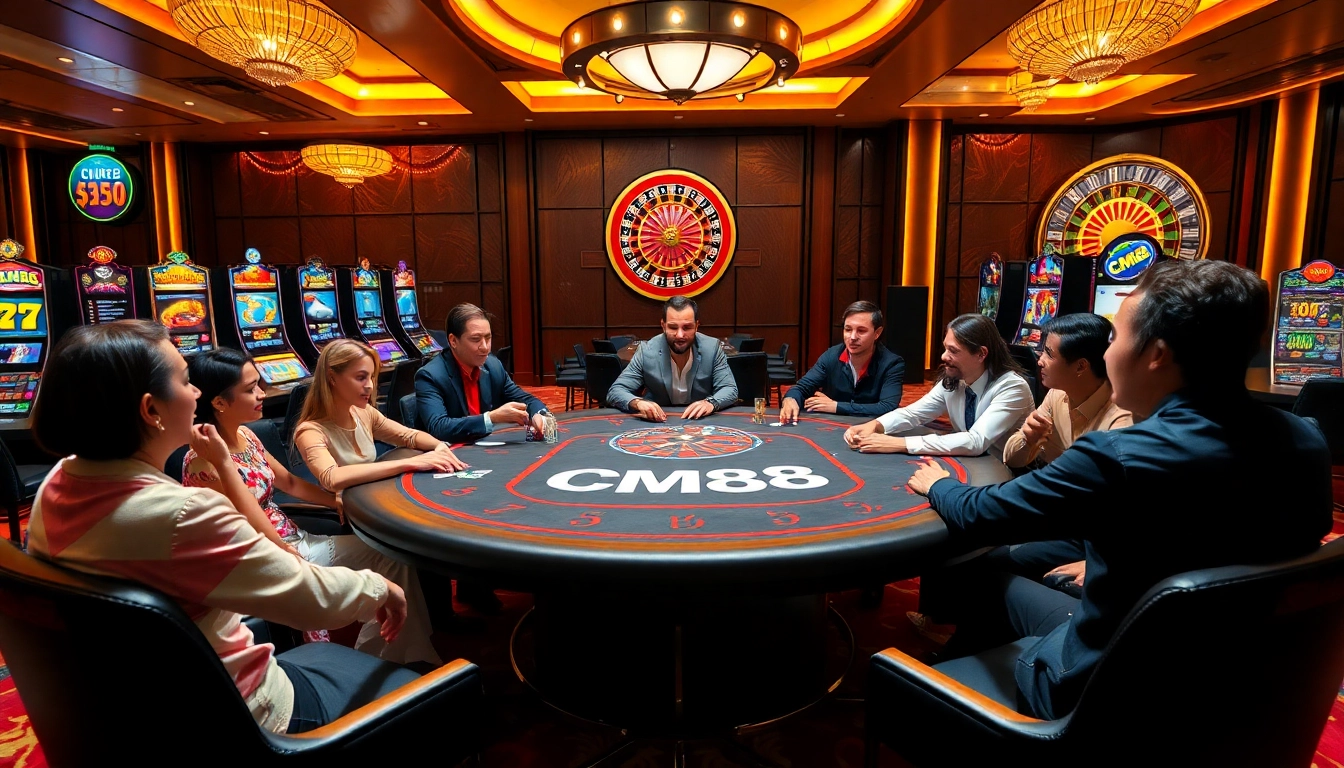 Players enjoying a poker game at the CM88 casino with vibrant slot machines in the background.