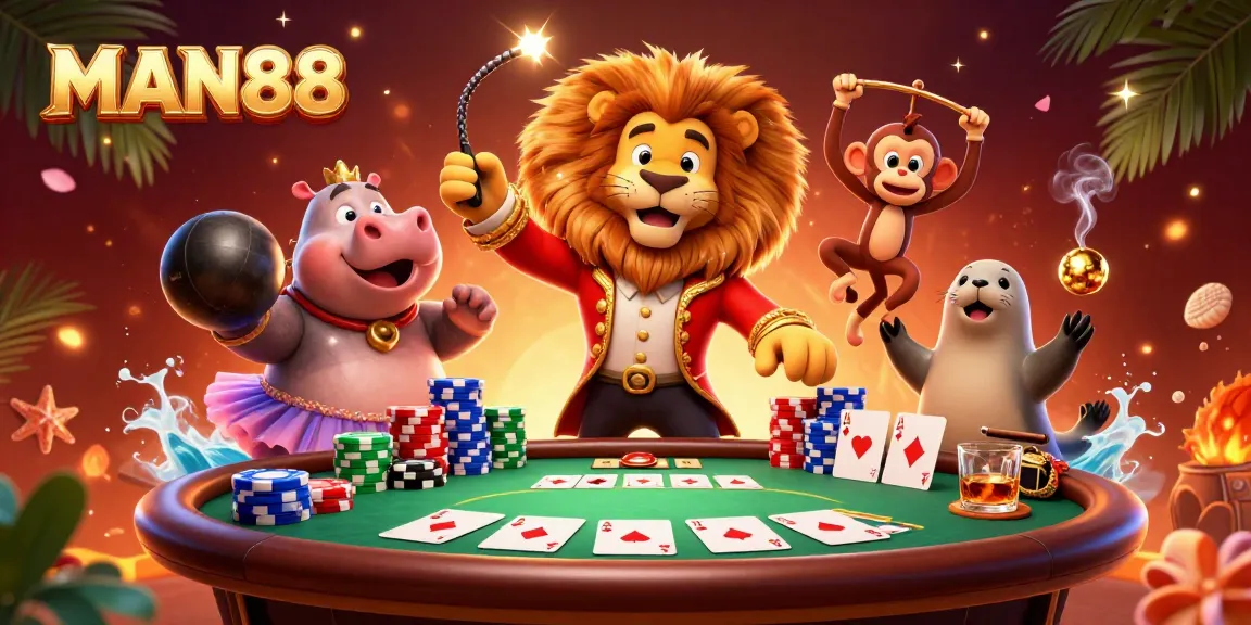 Experience the thrill of MAN88 with vibrant casino characters and dynamic poker elements.