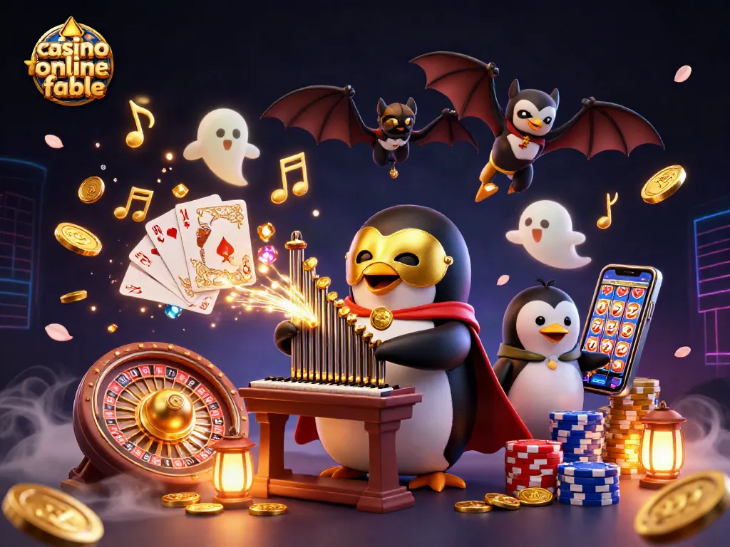 Juego emocionante en un casino online fiable con un pingüino fantasma tocando un órgano que lanza monedas doradas.