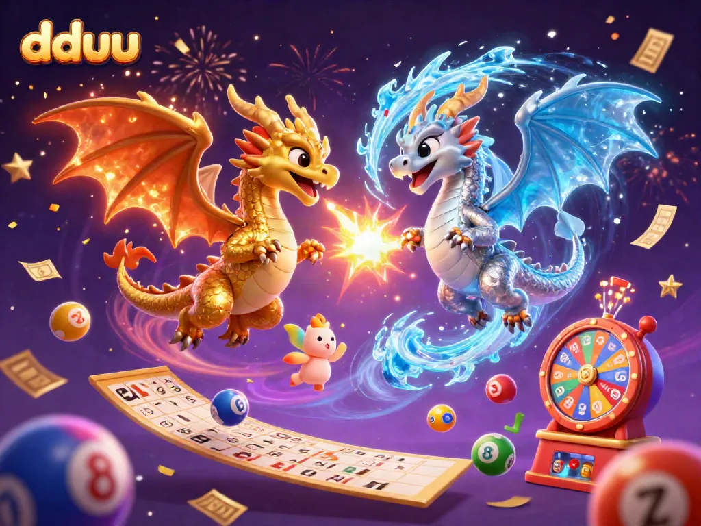 dduu brings excitement with golden and silver dragons battling over lottery elements, showcasing vibrant casino energy.