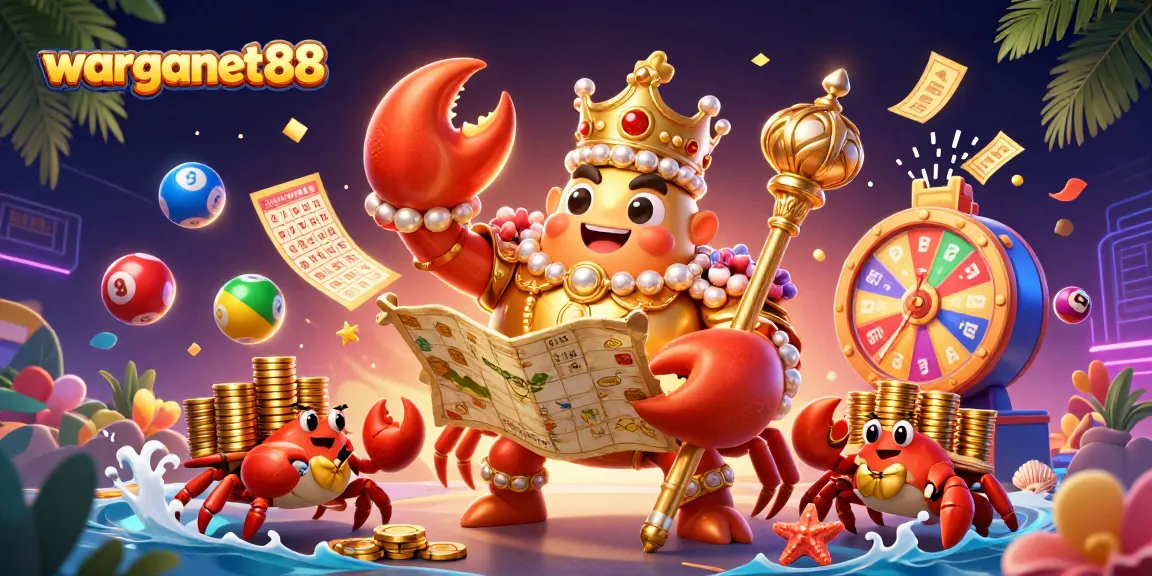 warganet88 introduces a vibrant lottery scene with a golden crab emperor and dynamic gaming elements.