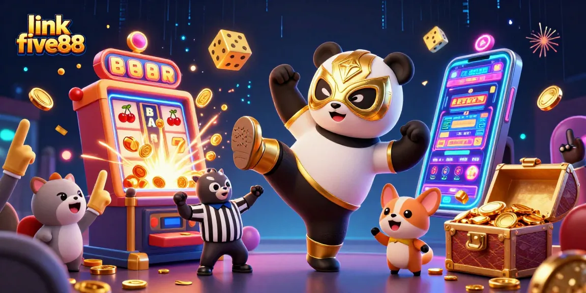 Experience the excitement of link five88 with a dynamic scene featuring a wrestler panda amidst vibrant casino elements.