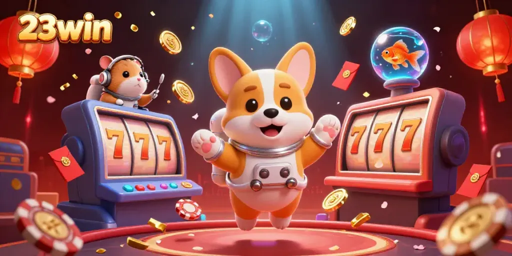 Engage in thrilling action with 23win in a vibrant casino universe where an astronaut corgi encounters luck.