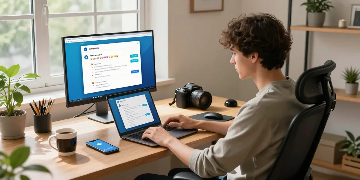User accessing the Telegram Web Version in a stylish home office, showcasing a productive workspace