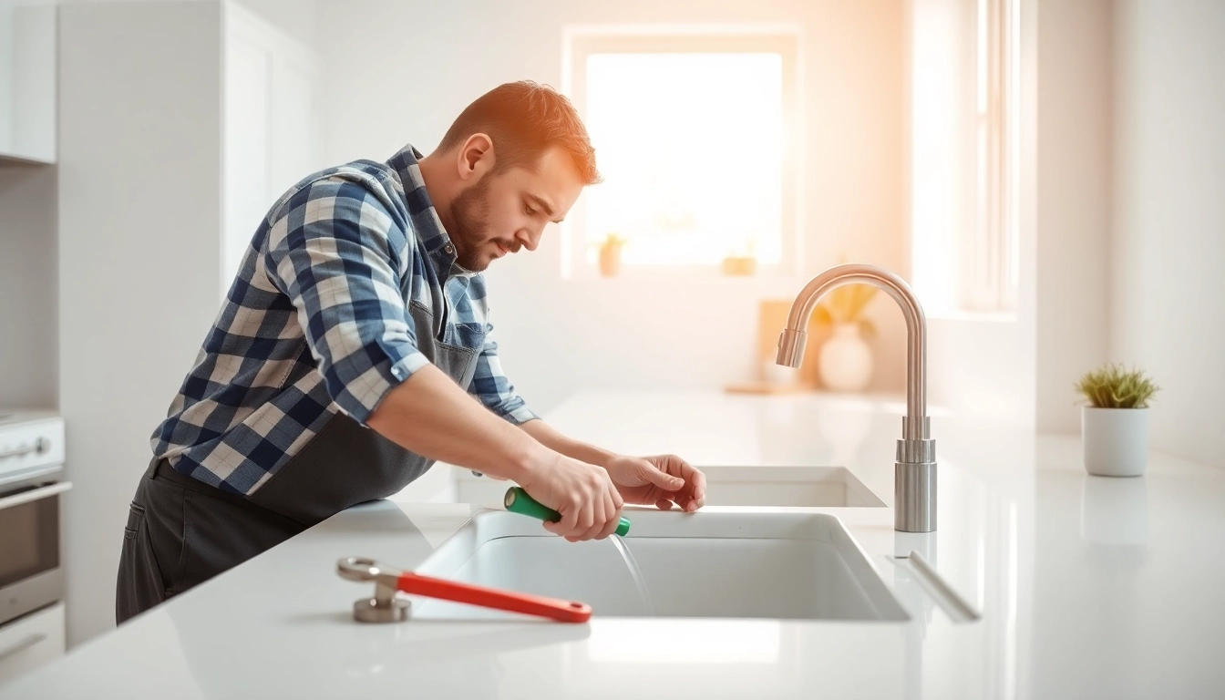 Find a qualified plumber near me fixing a kitchen sink in a bright environment.