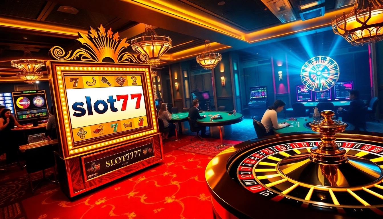Experience thrilling gameplay with slot777 at a luxurious casino featuring vibrant tables and slot machines.