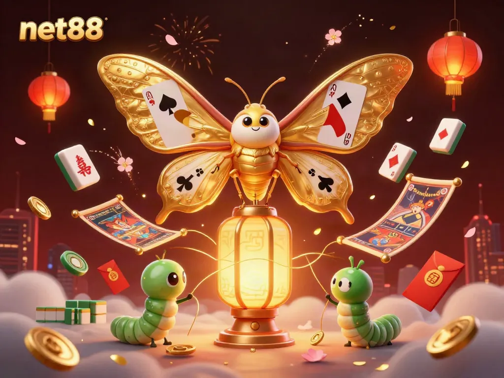 Engage with net88 through an enchanting scene of vibrant casino elements with a majestic moth.