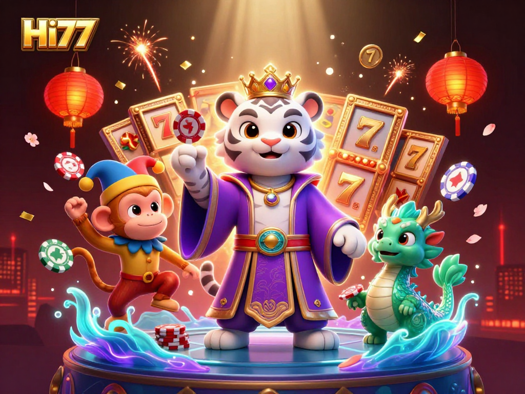 Engage with HI77's stunning 3D illustration, showcasing a vibrant casino atmosphere with dynamic elements.