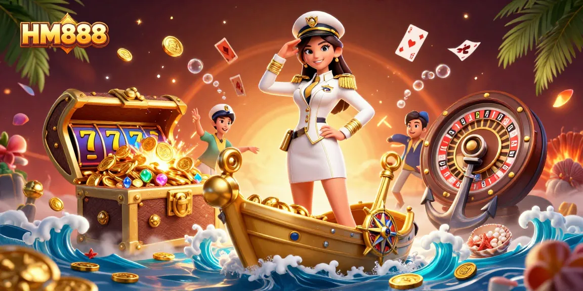 Engage in thrilling games at HM888, showcasing a stunning 3D casino scene with a vibrant array of slots and card games.