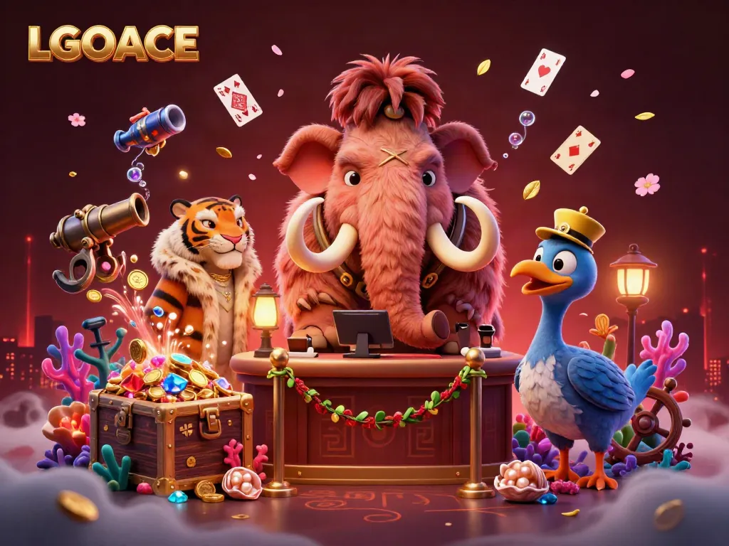 LGOACE showcases a vibrant casino scene with a woolly mammoth bouncer, saber-tooth tiger guest, and dodo bird doorman amidst treasure and playing cards.