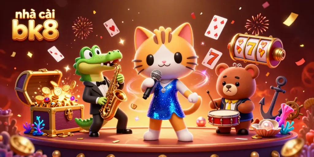 Experience the excitement at nhà cái bk8 with a lively casino scene featuring unique characters and vibrant game elements.