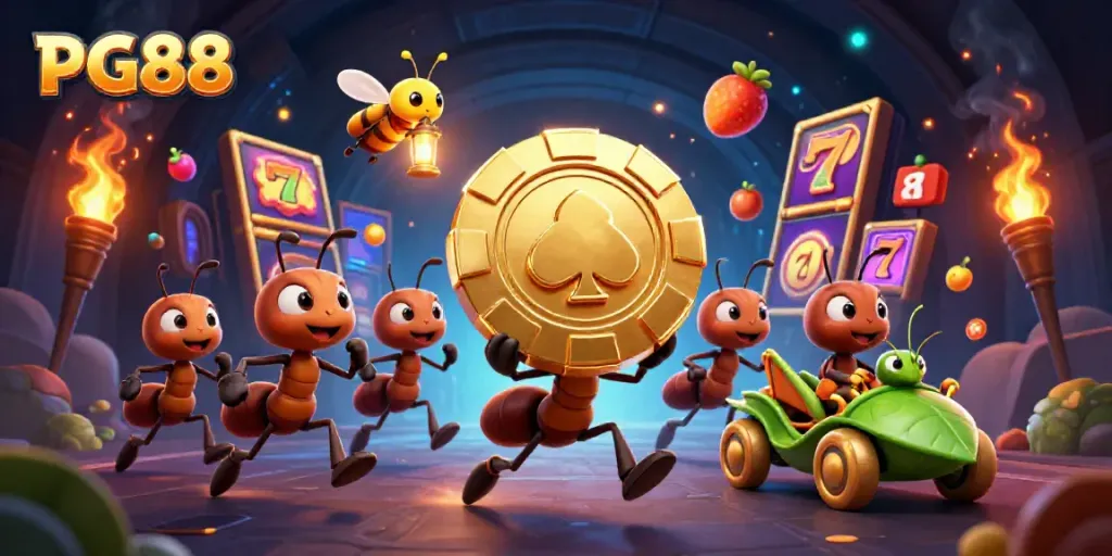 Engage with PG88 as ants execute a thrilling heist under a firefly's watch, adorned with slot elements.