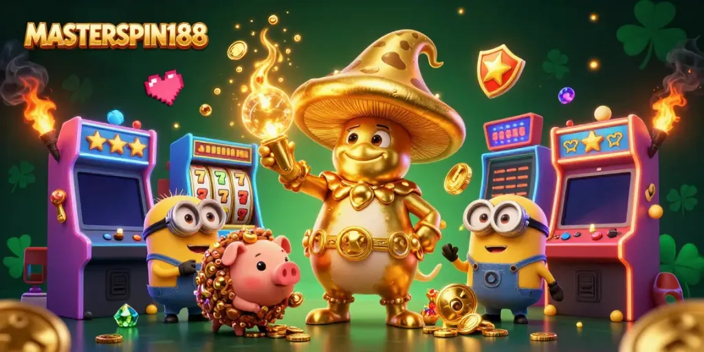 Play slot games and win with MASTERSPIN188's magical 3D illustration featuring treasure and vibrant arcade aesthetics.