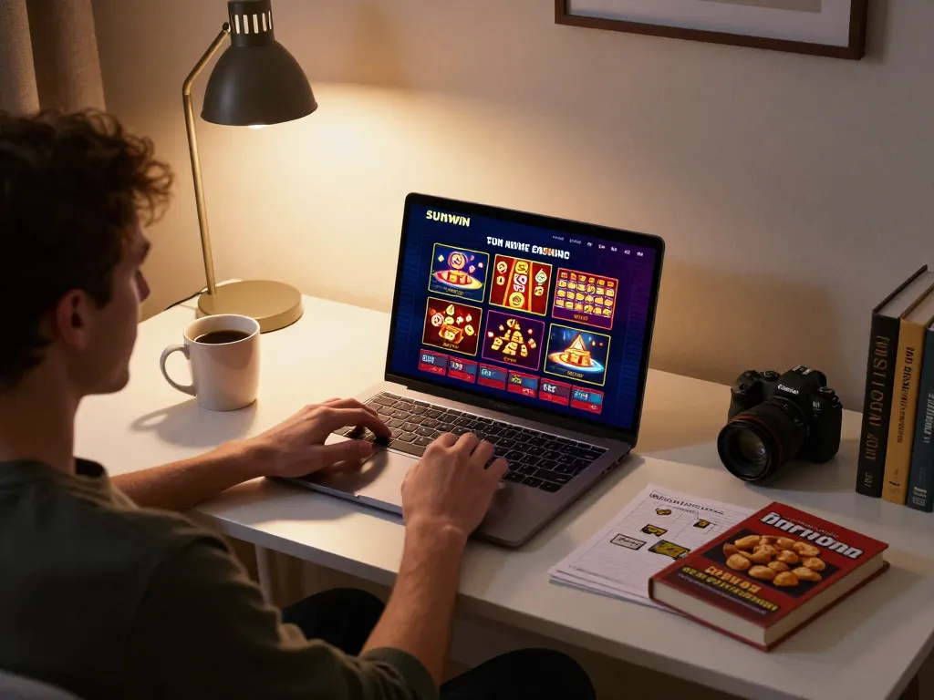 Player engaging with SUNWIN casino app in a cozy home setting, highlighting online gaming.