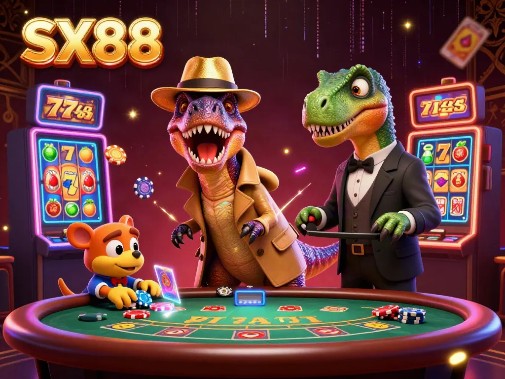 Descend into the SX88 gaming realm with velociraptor card counters and dynamic slot reels!
