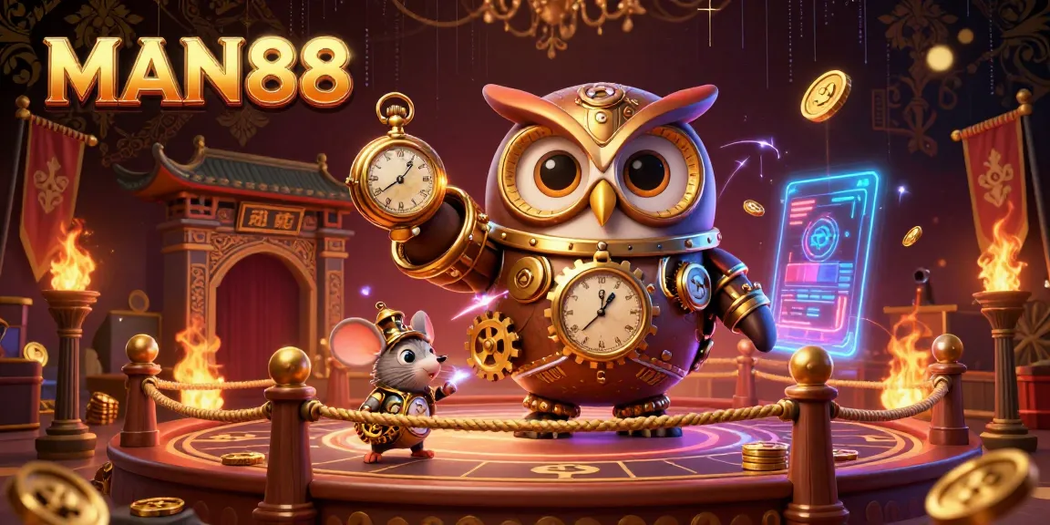 Experience the thrills of MAN88 casino with a 3D owl and mouse amid vibrant gaming elements.