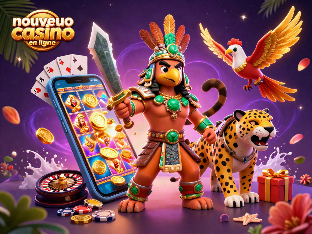 Gagnez avec le nouveau casino en ligne, illustration 3D dynamique de personnages de jeux.