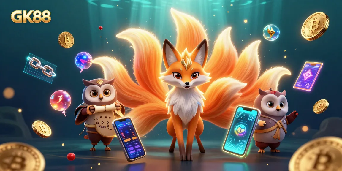 Experience the spirit of GK88 with a vibrant 3D casino scene showcasing colorful characters and crypto elements.