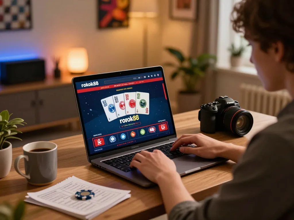 Engaging online gaming experience showcasing the rokok88 interface with cards and chips on a laptop, inviting atmosphere.