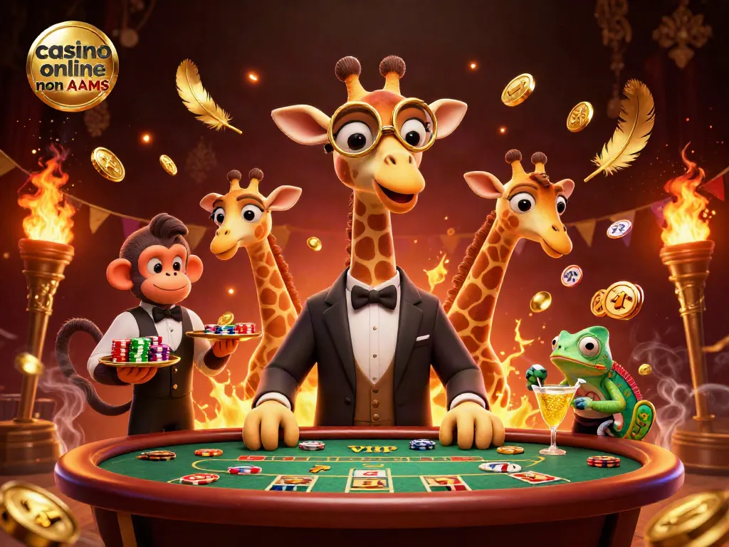 Scopri il mondo dei casino online non AAMS con giraffe e scimmie in un'illustrazione vibrante.