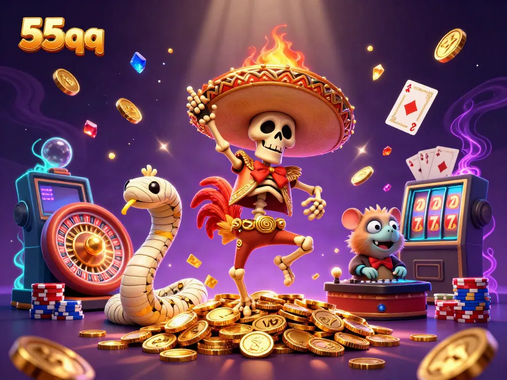 Experience the excitement of 55qq with a vibrant scene of a victorious cartoon mariachi rooster among gold coins and jewels.