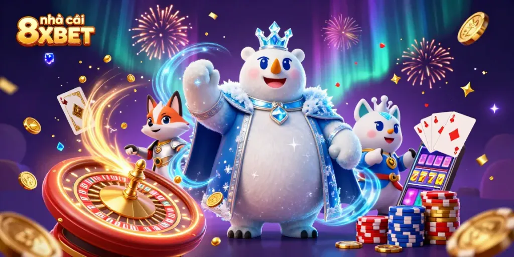 Experience thrilling gaming at nhà cái 8XBET with vibrant 3D characters and casino elements.