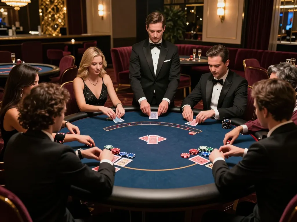 Players engaging in high-stakes poker at SC88's elegant VIP casino, showcasing strategic gameplay and high tension.