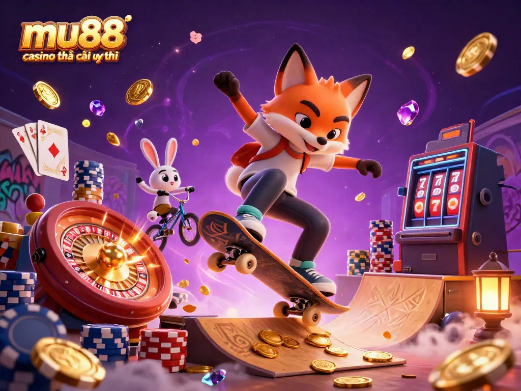 Engaging scene of mu88 casino nhà cái uy tín with a skateboarder fox and BMX rabbit, featuring dynamic casino elements.