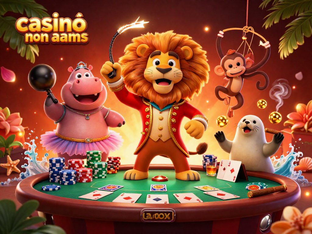 Casinò online non aams: scenografia vivace con personaggi da circo e tavolo da poker.