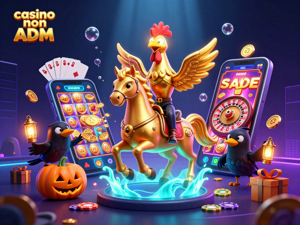 Gioca nel casino non ADM con il gallo d'oro e amici spettrali in un'illustrazione vivace