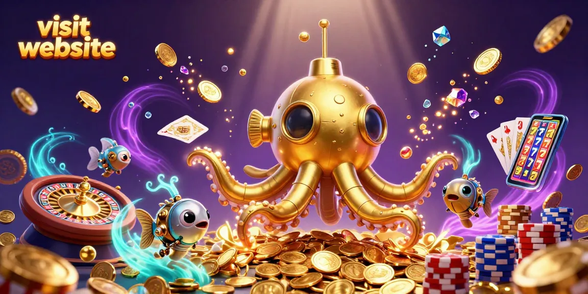 Spin and win at casinos when you visit website featuring a kraken submarine surfacing through golden coins.