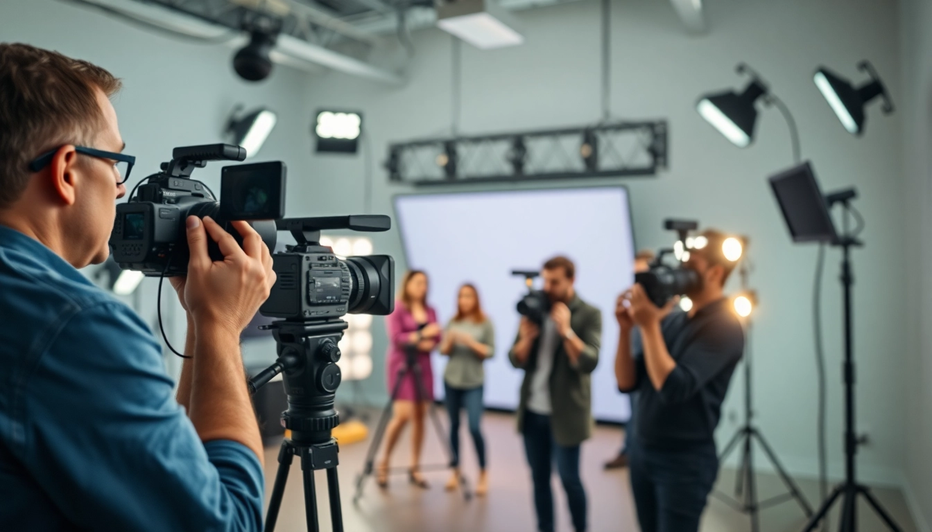 Dynamic video production team capturing vibrant scenes in a modern studio.