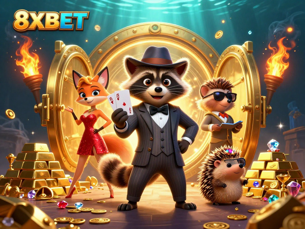 Experience thrilling casino action with 8XBET in a vibrant treasure-filled scene.